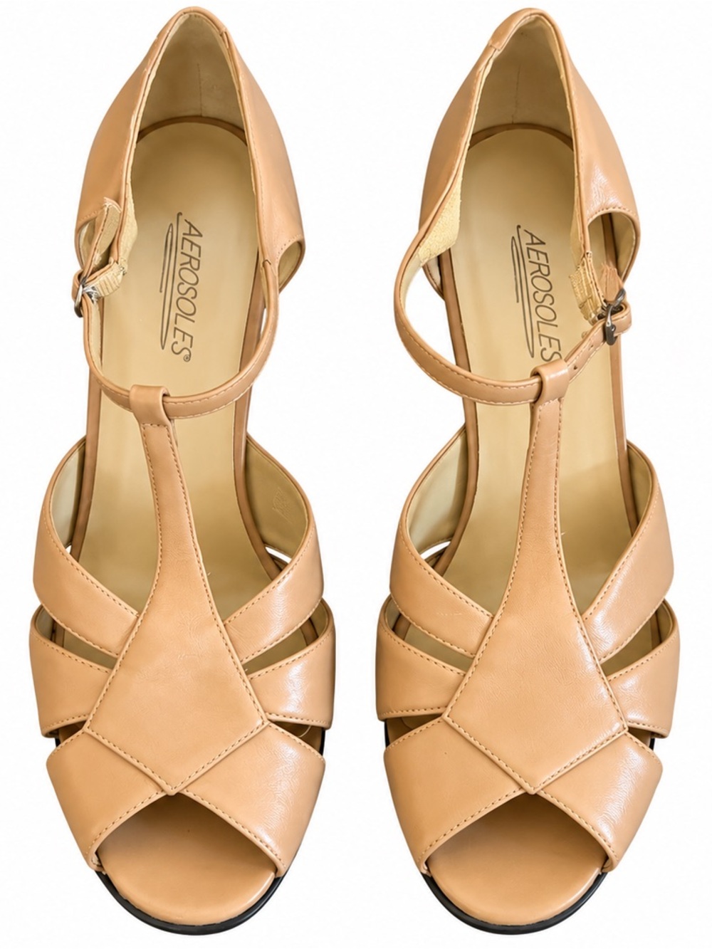 Aerosoles Tan T-Strap Peep-Toe Heels Women’s Size 11